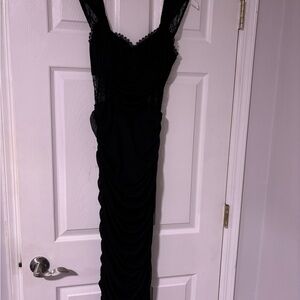 NWOT… Sz 12… ASOS..Black Ruched Lace Strap Midi Dress…Zipper in Back